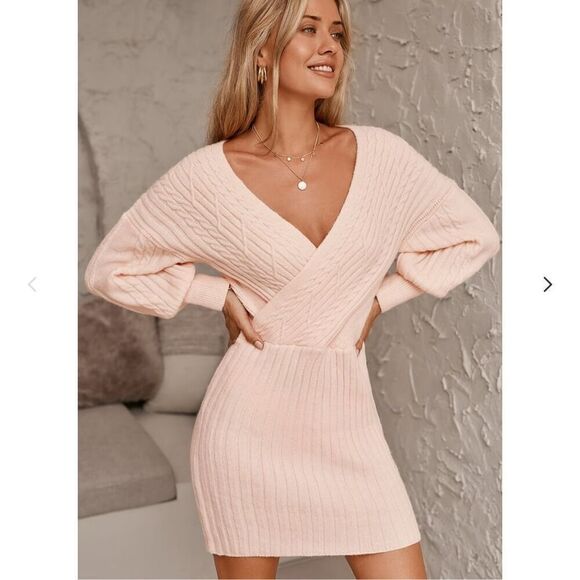 NWT CUPSHE Lt Blush Pink Cable Knit Sweater Mini Dress Women’s Medium - Picture 1 of 10